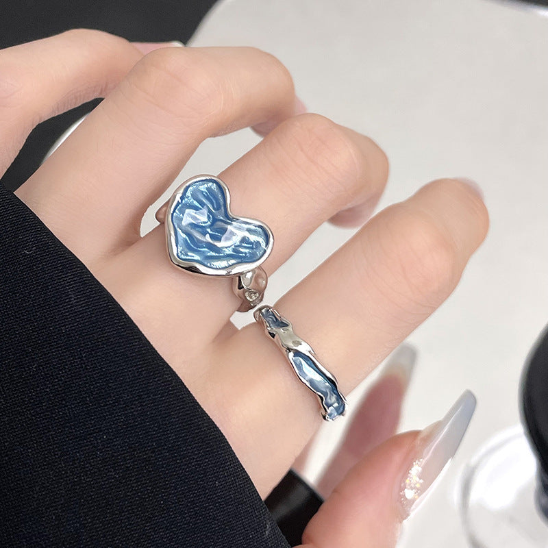 Dripping Glaze Texture Heart-shaped Adjustable Ring Set