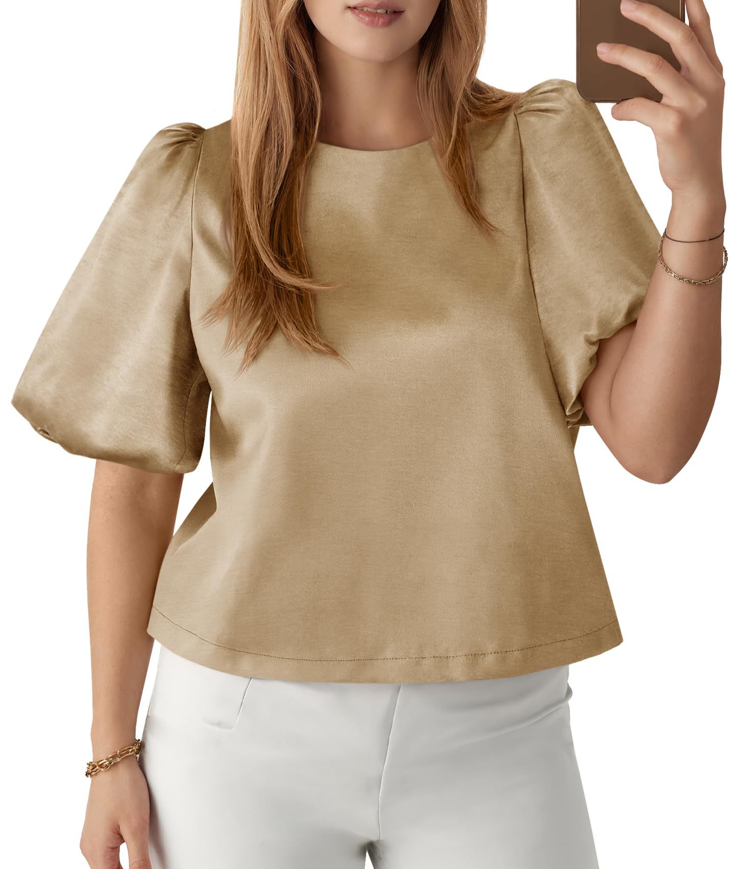 Womens Round-neck Satin Puffed-sleeve Pullover Doll Shirt Top