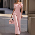 Womens Off-the-Shoulder 3D Floral Patchwork Wide-Leg Jumpsuit