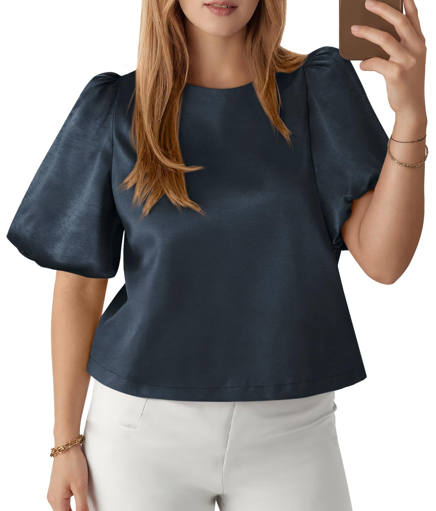 Womens Round-neck Satin Puffed-sleeve Pullover Doll Shirt Top