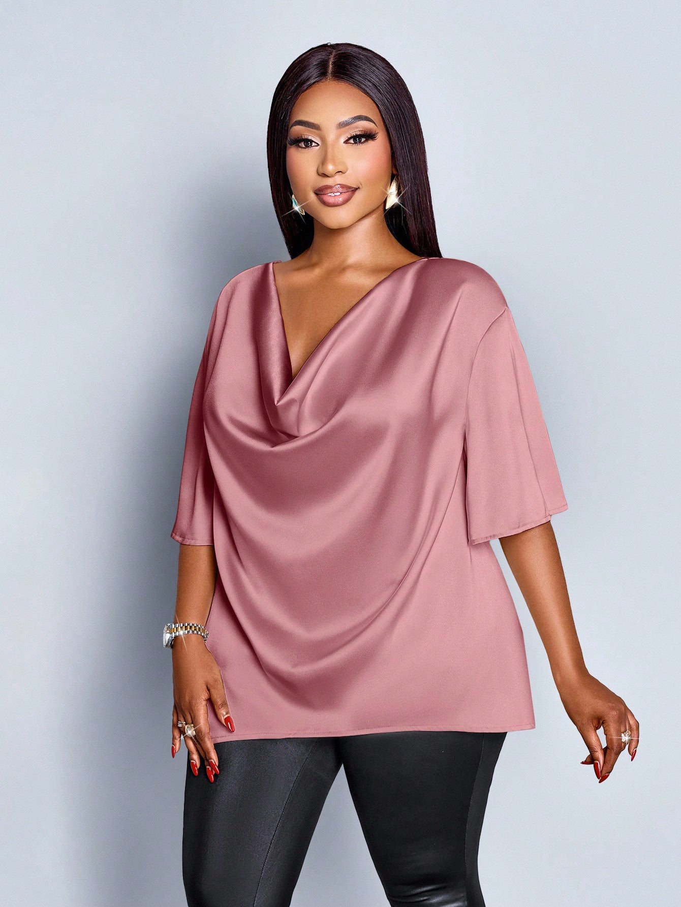 New Relaxed-fit Casual V-neck Mid-sleeve Long-sleeve Solid-color Chiffon Top
