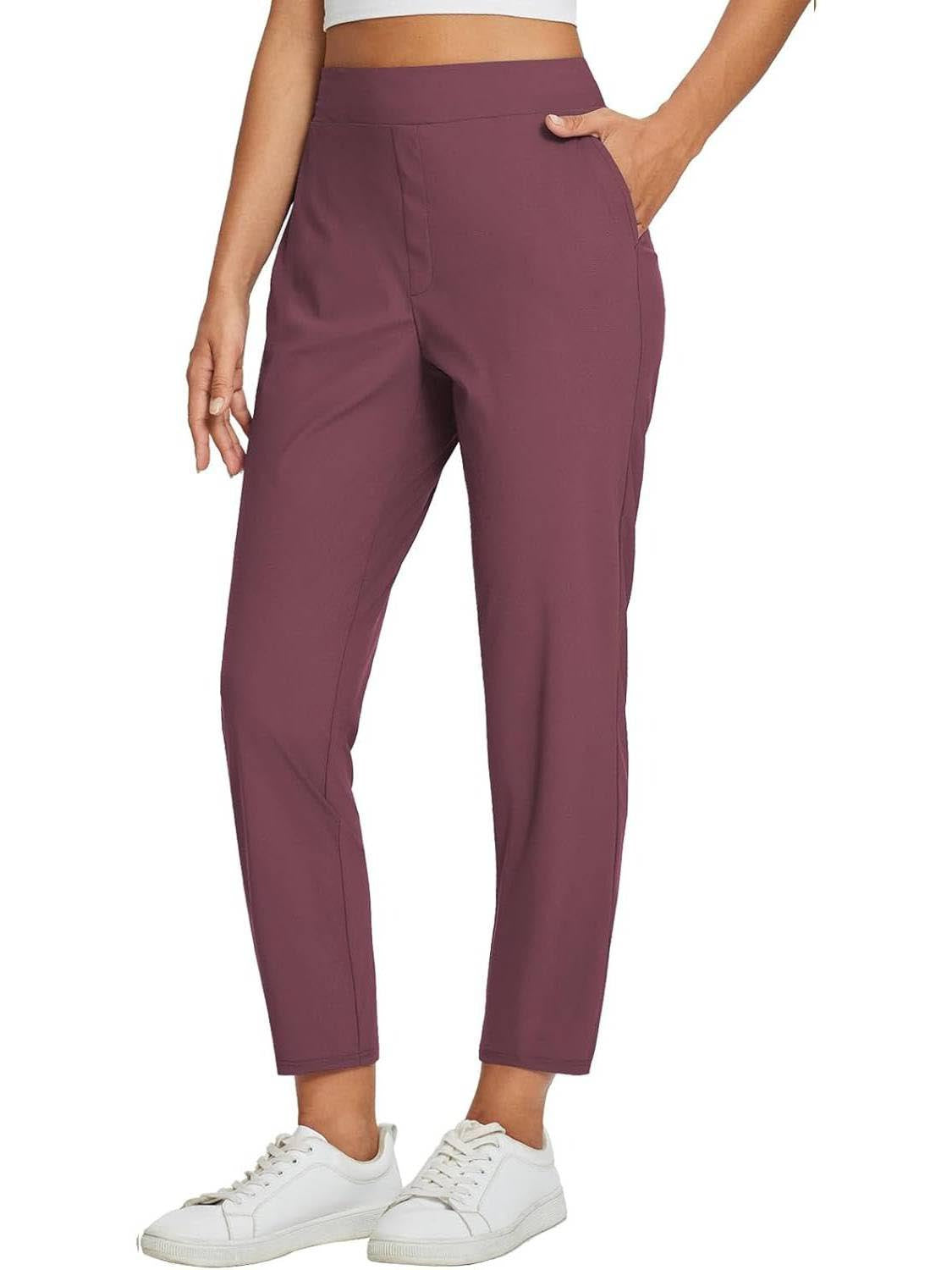 Womens High-Waist Casual Pants With Elastic Waistband Zippered Pockets