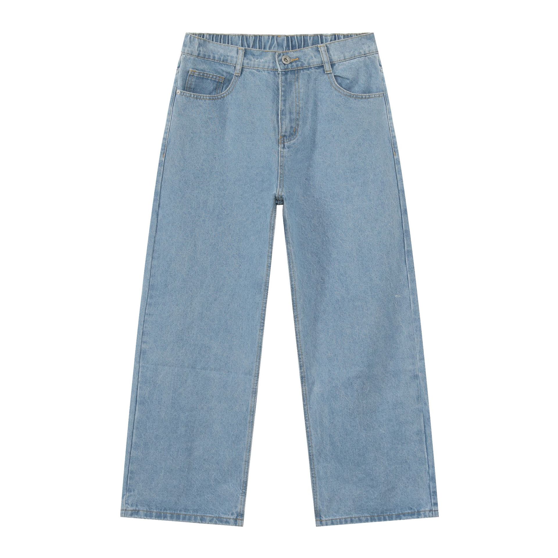 Korean Style Retro Half Elastic Waist Loose Straight Jeans Men's American Style