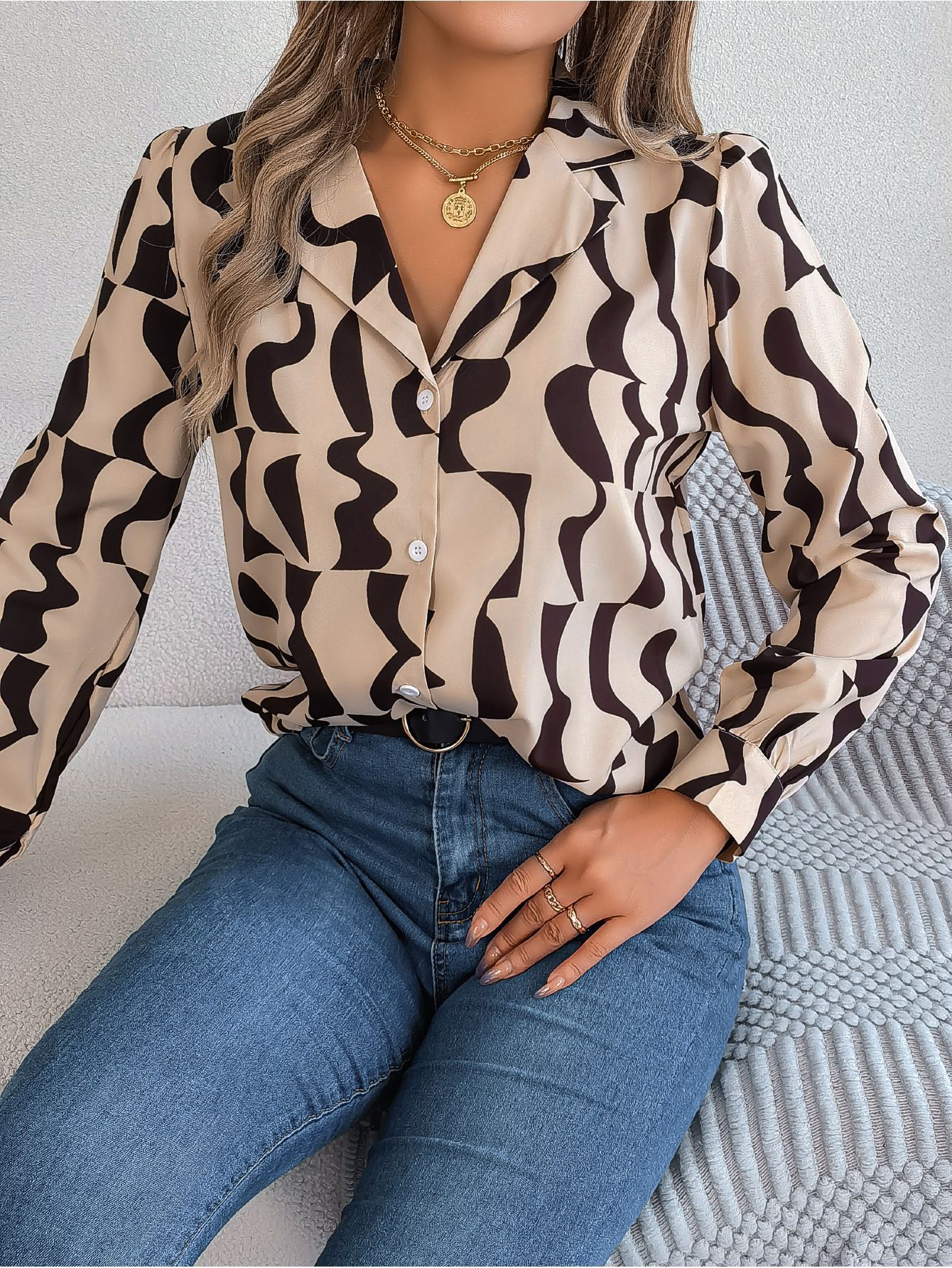 Women's Office Elegant Color Block Stripe Notched Lapel Long Sleeve Shirt