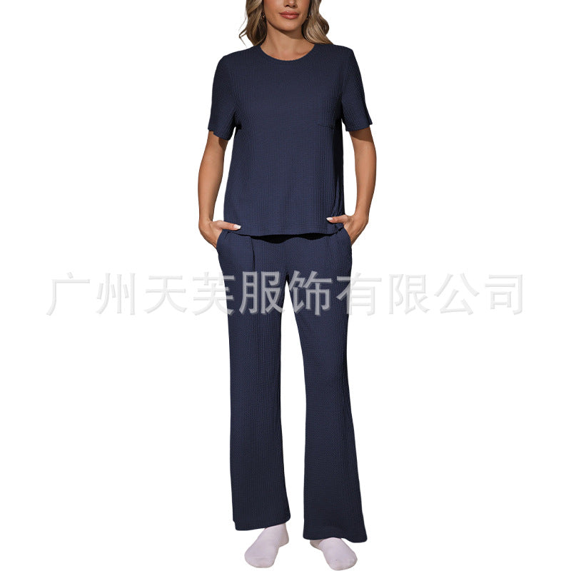 Womens Waffle-Textured Short-Sleeve And Long-Pants Set