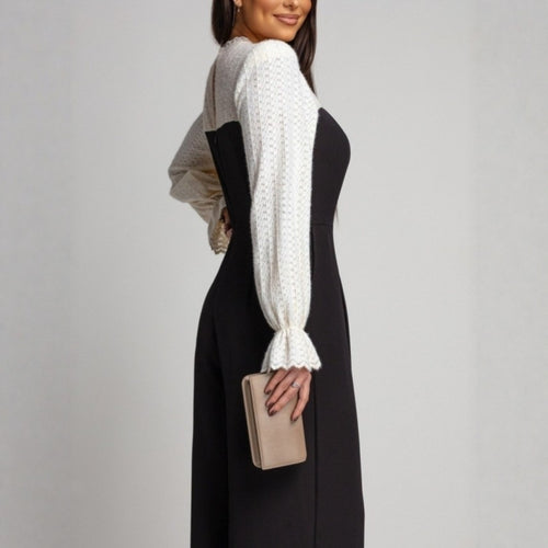 Black-and-white Patchwork Lace Long-sleeve Wide-leg Pants