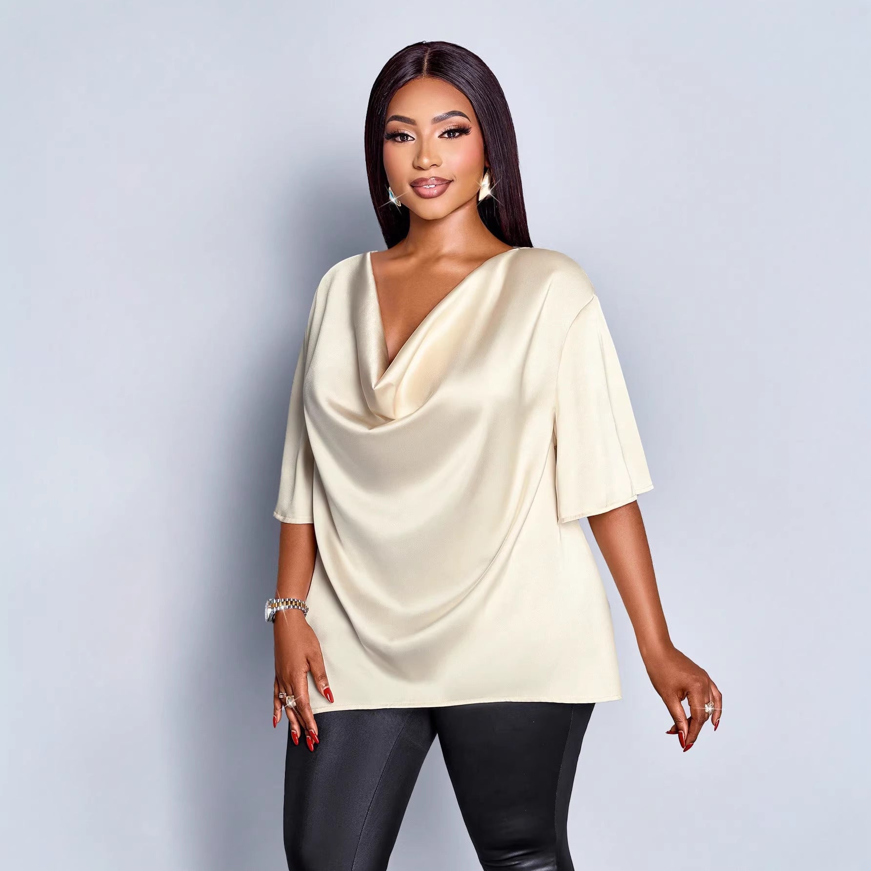 New Relaxed-fit Casual V-neck Mid-sleeve Long-sleeve Solid-color Chiffon Top