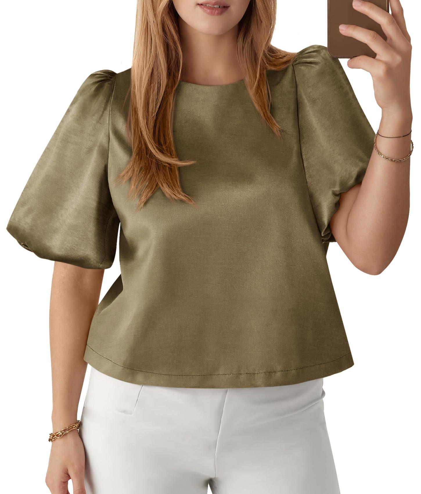 Womens Round-neck Satin Puffed-sleeve Pullover Doll Shirt Top