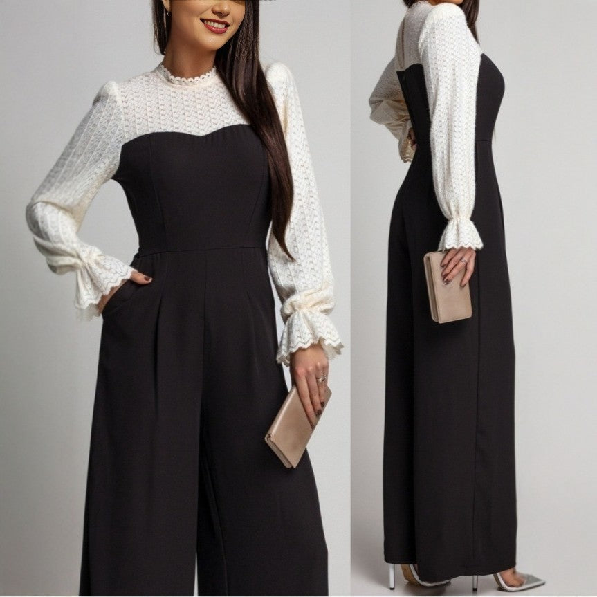 Black-and-white Patchwork Lace Long-sleeve Wide-leg Pants