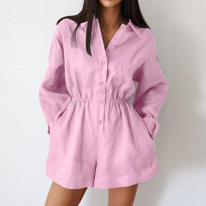 Versatile Solid-Color Casual Minimalist Lapel Jumpsuit
