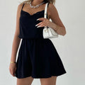 Solid-color Cinched-waist Loose-fitting Wide-leg Jumpsuit Shorts