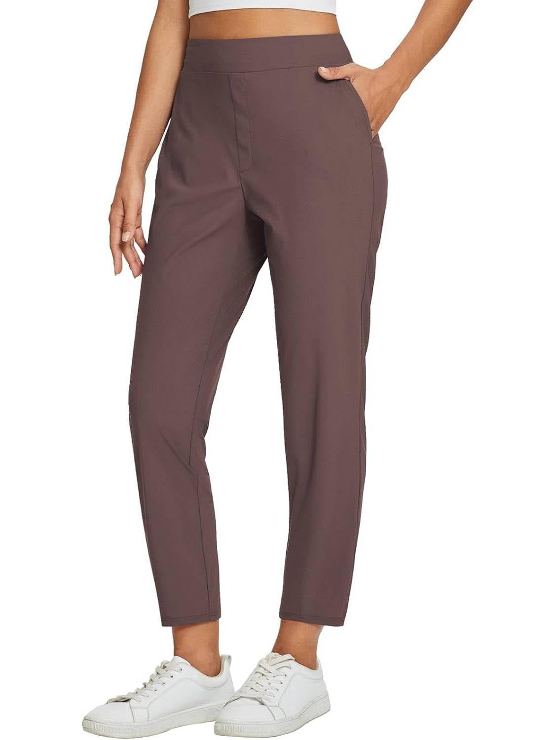 Womens High-Waist Casual Pants With Elastic Waistband Zippered Pockets