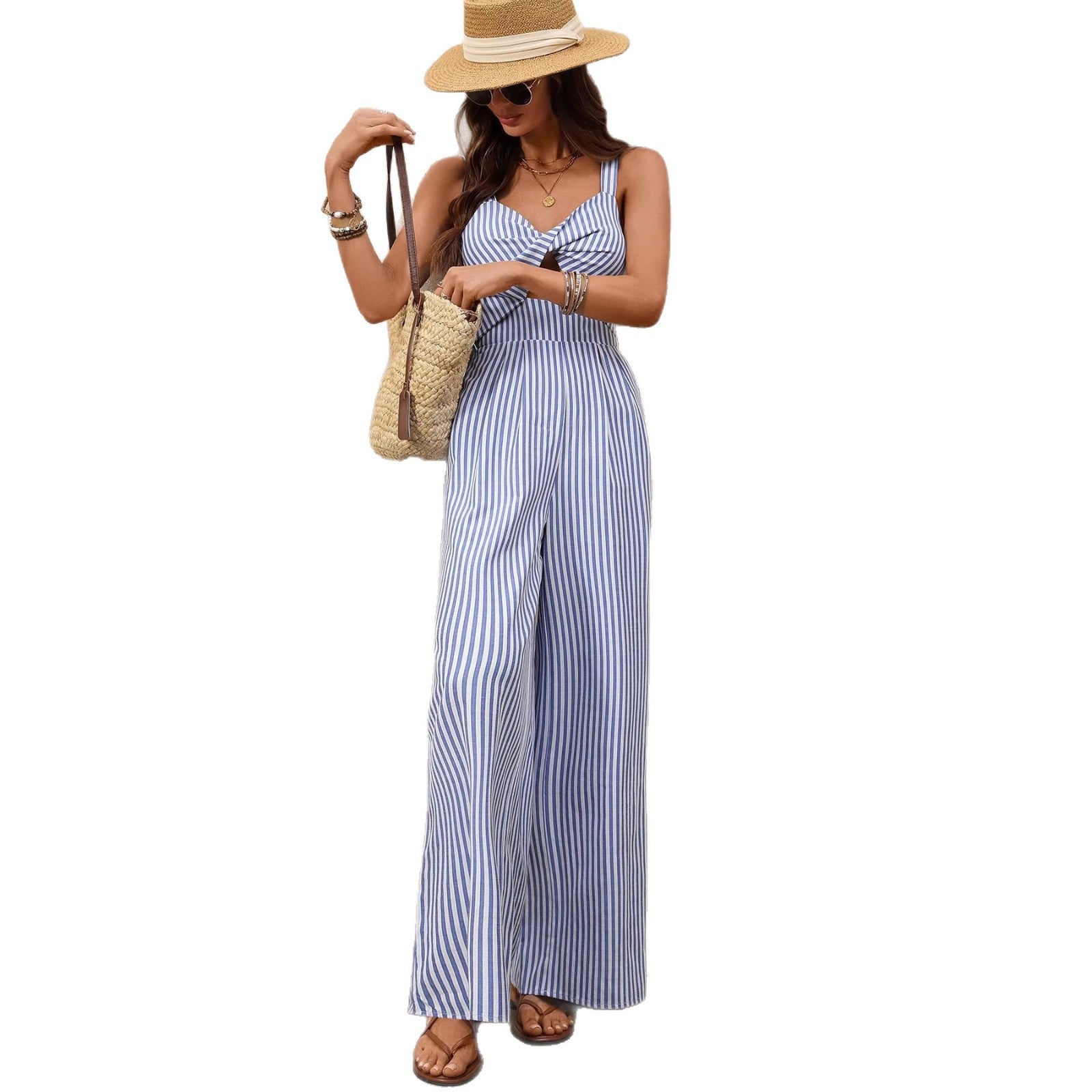 New Womens Striped V-Neck Jumpsuit With Straps