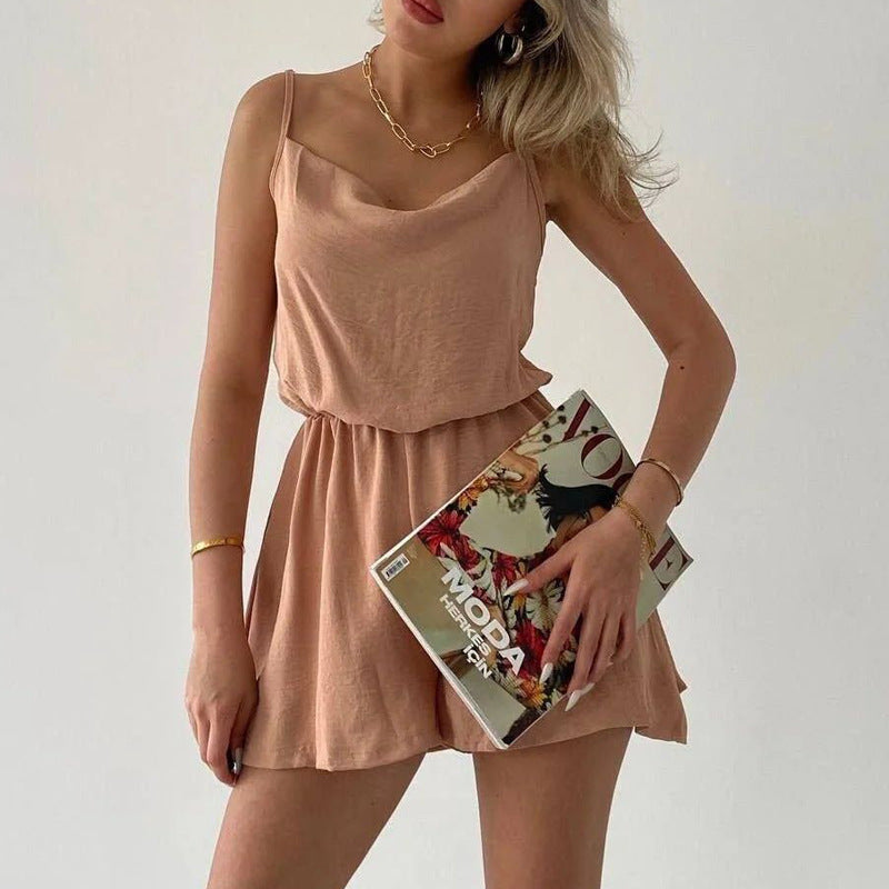 Solid-color Cinched-waist Loose-fitting Wide-leg Jumpsuit Shorts