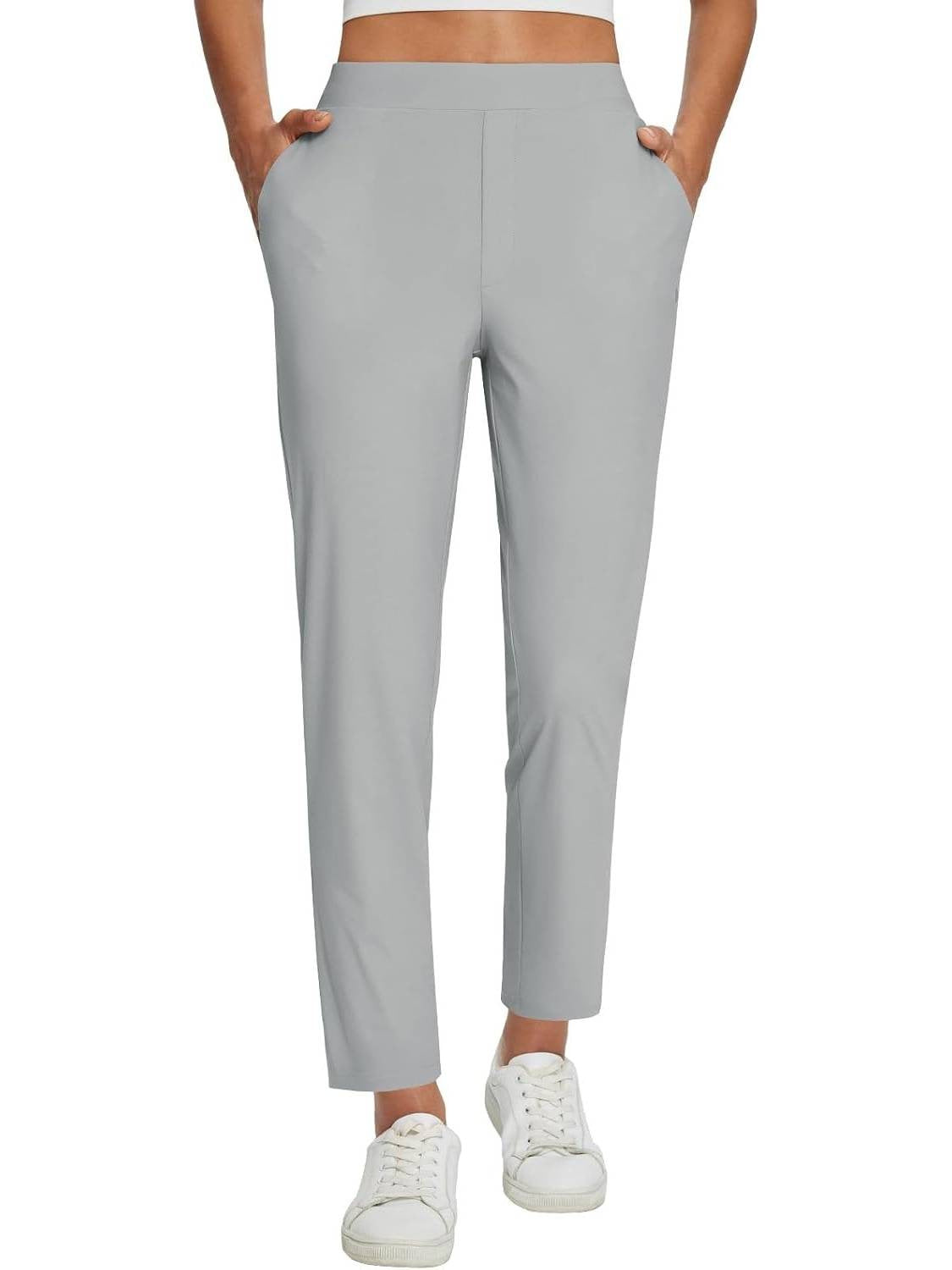 Womens High-Waist Casual Pants With Elastic Waistband Zippered Pockets
