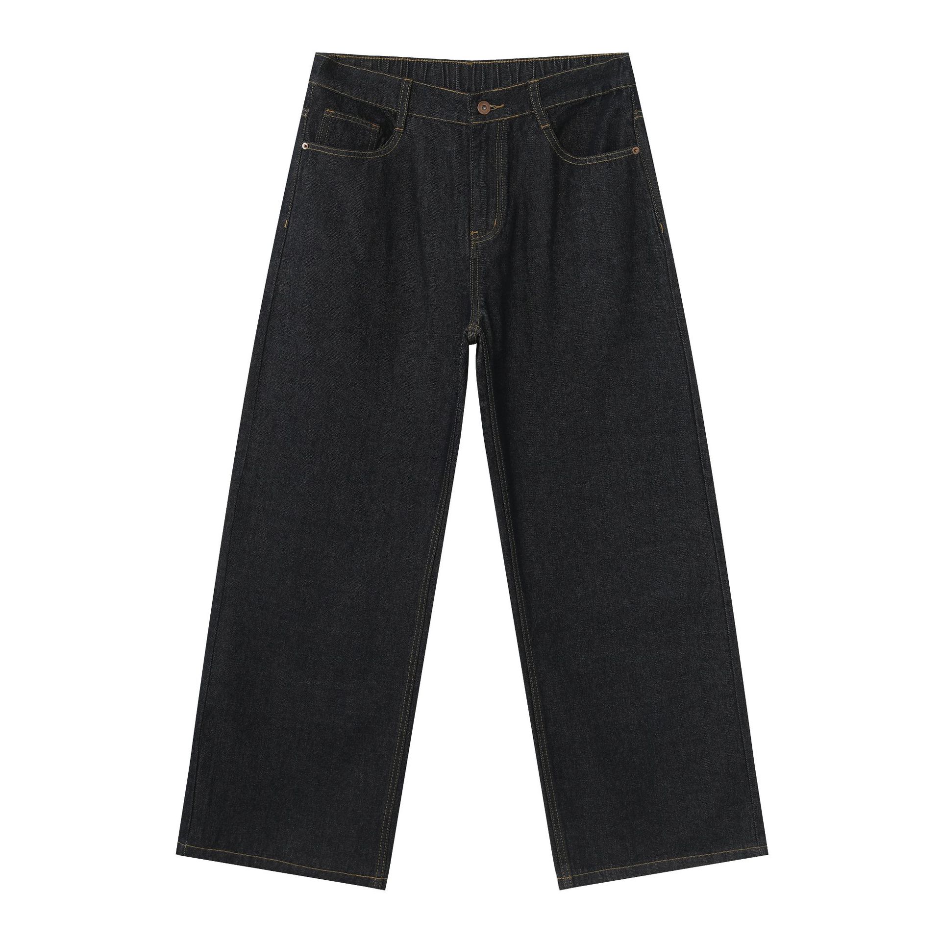 Korean Style Retro Half Elastic Waist Loose Straight Jeans Men's American Style