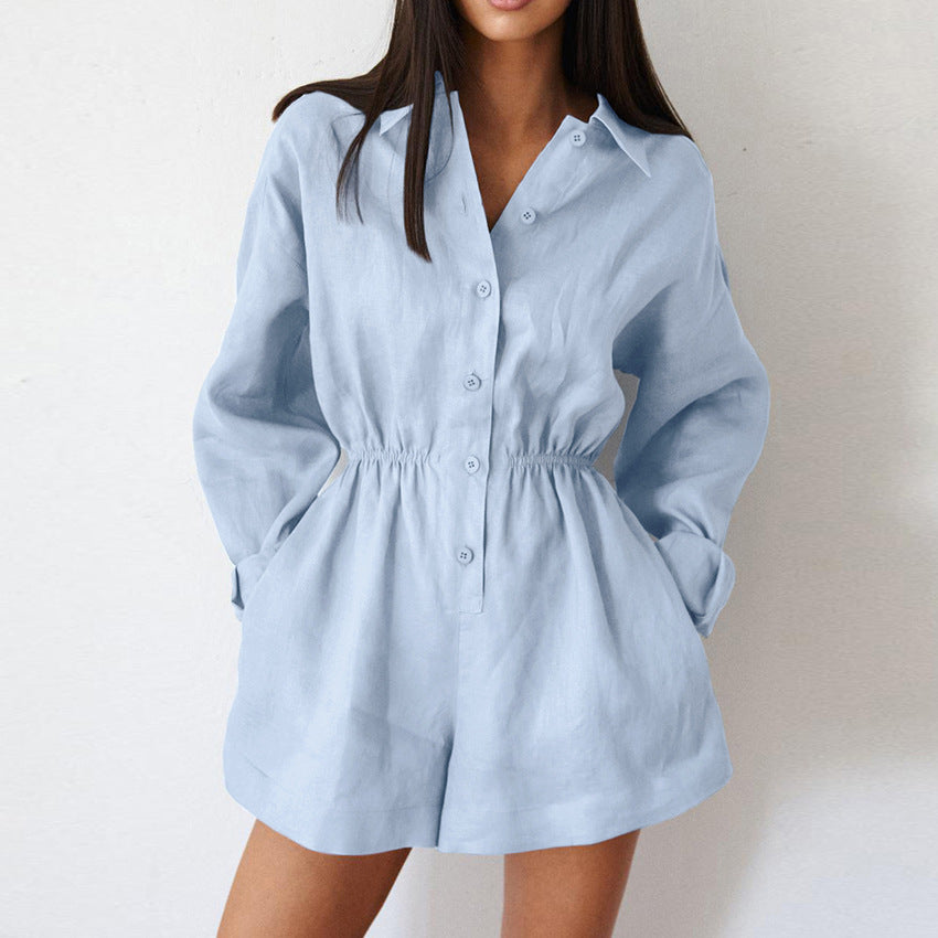 Versatile Solid-Color Casual Minimalist Lapel Jumpsuit