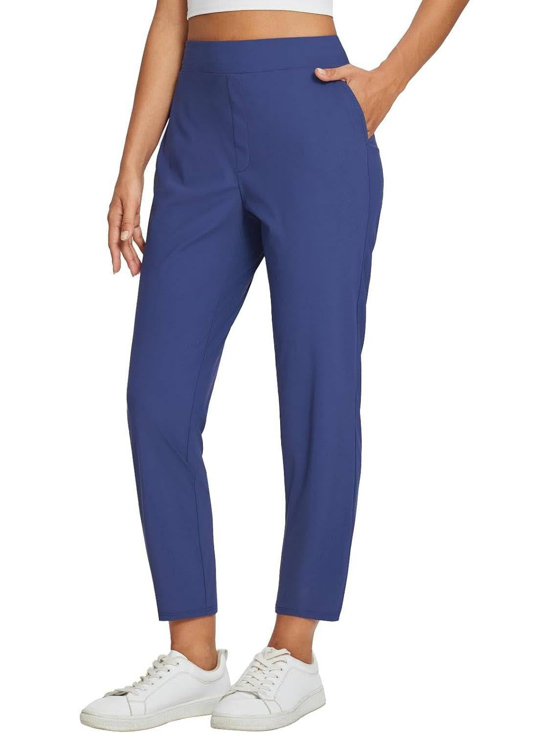 Womens High-Waist Casual Pants With Elastic Waistband Zippered Pockets