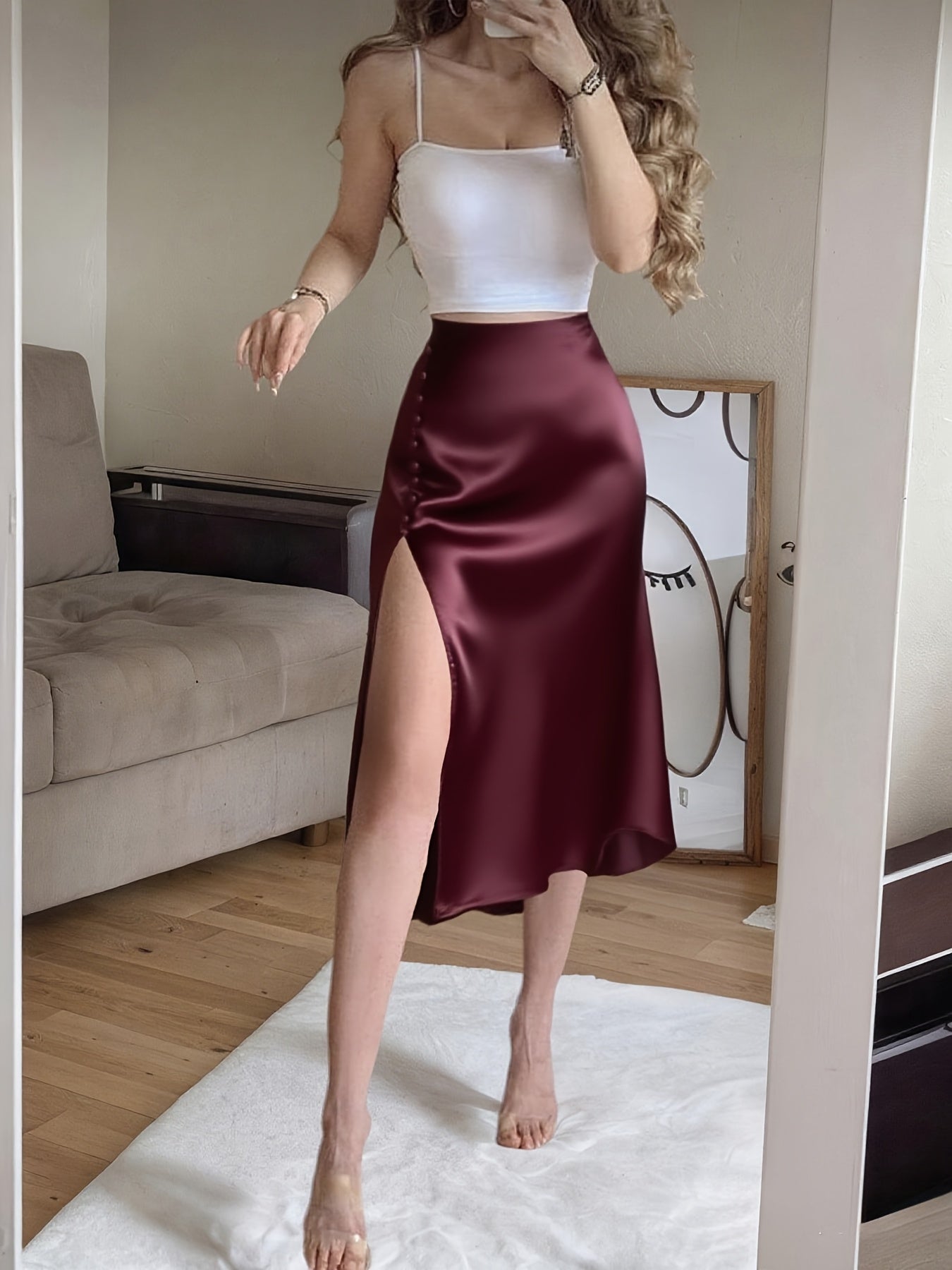 Satin And Velvet Multi-button Womens Skirt