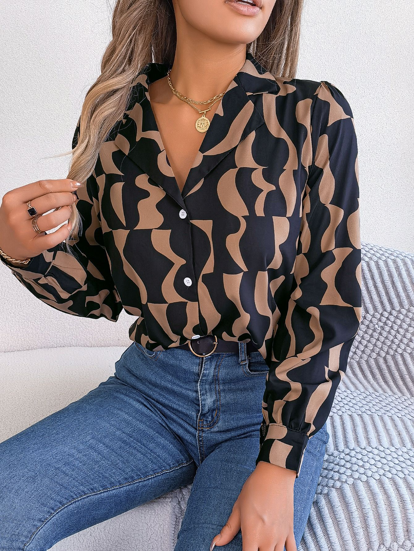 Women's Office Elegant Color Block Stripe Notched Lapel Long Sleeve Shirt