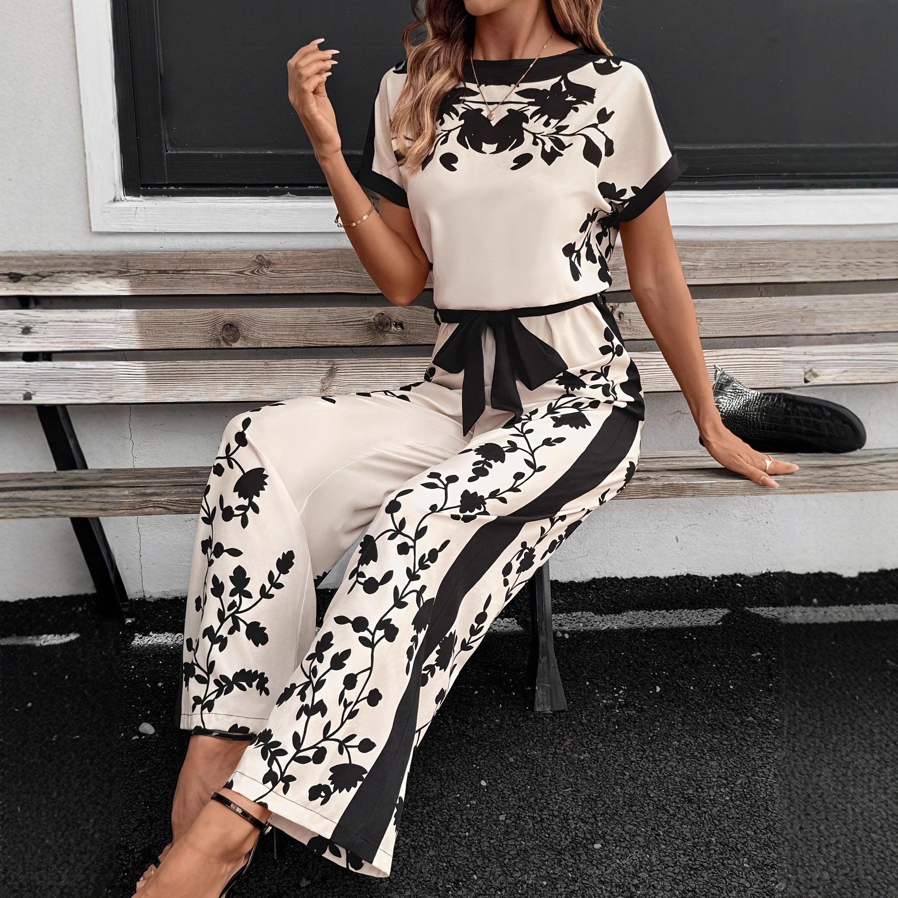 Womens Printed Colorblock Tie-Waist Short-Sleeve Jumpsuit