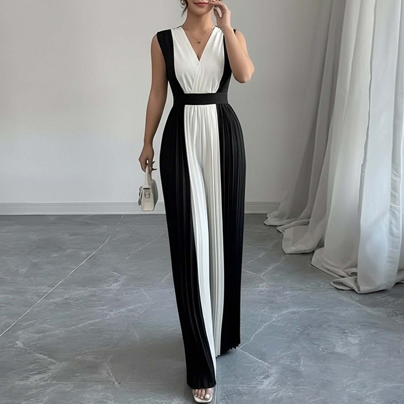 Womens Elegant Long-Sleeve V-Neck Printed Jumpsuit