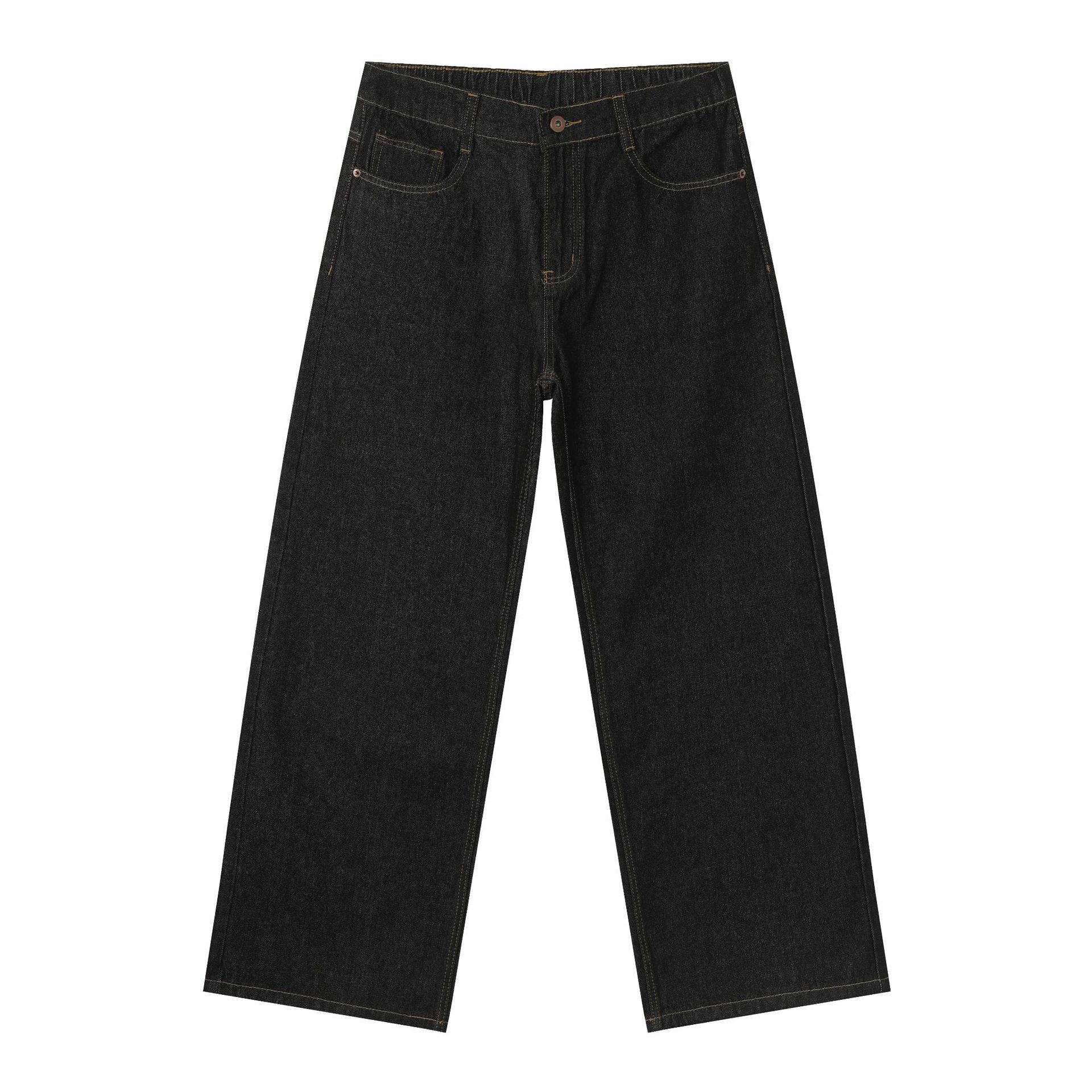 Korean Style Retro Half Elastic Waist Loose Straight Jeans Men's American Style