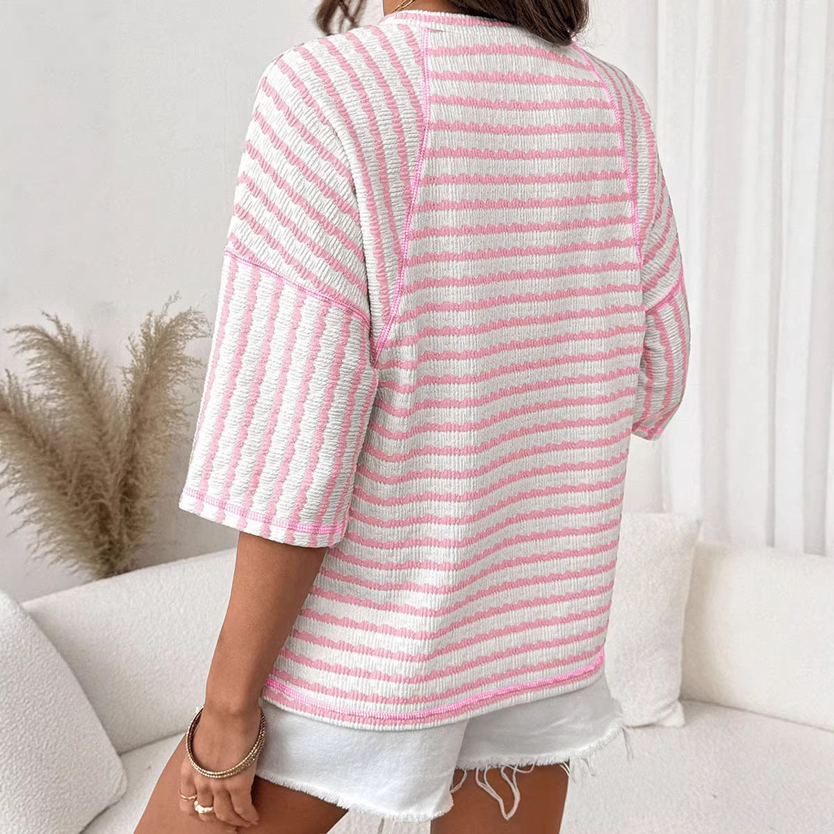 Womens Crew-Neck Pullover T-Shirt Simple, Versatile Striped Half-Sleeve Tee In European And American Style