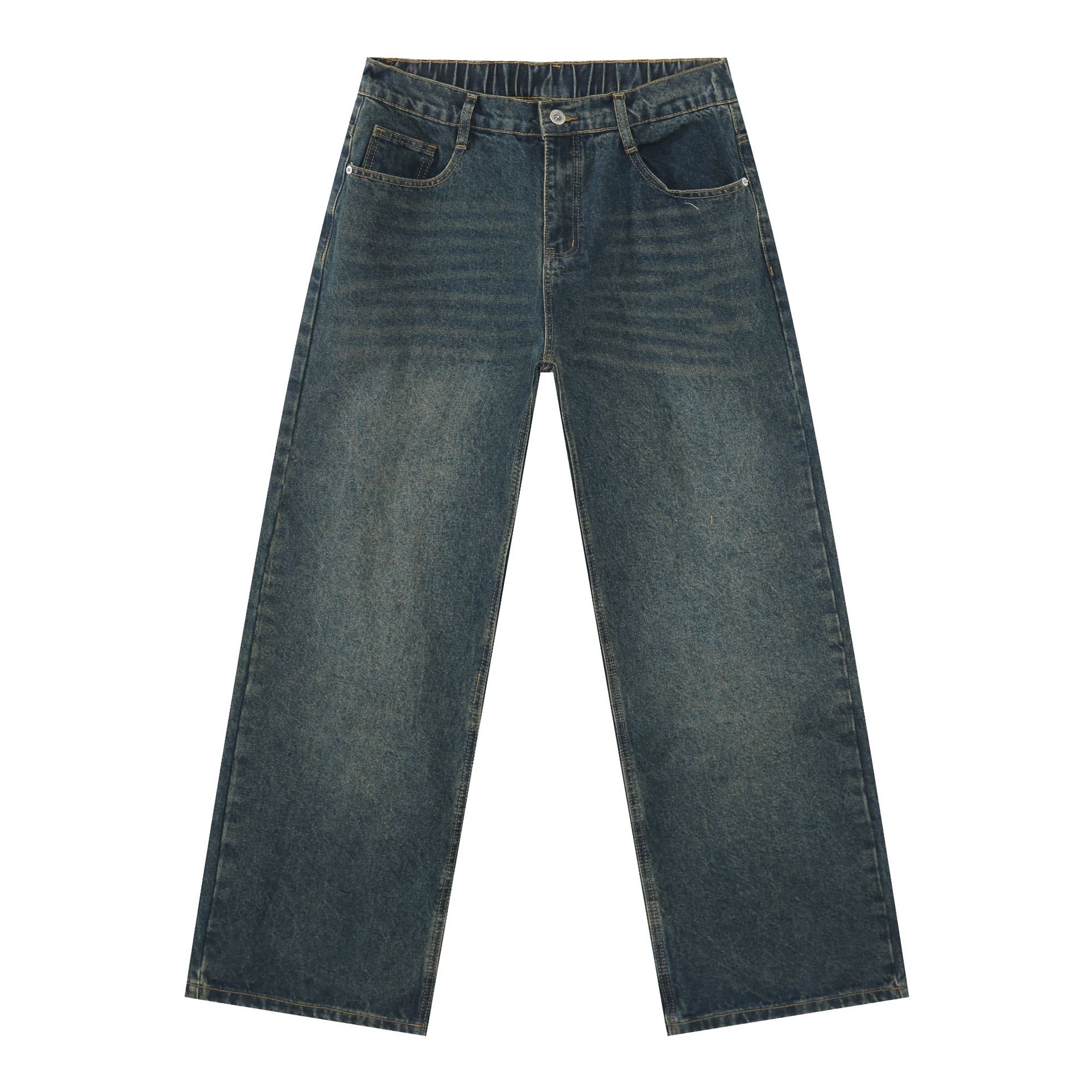 Korean Style Retro Half Elastic Waist Loose Straight Jeans Men's American Style