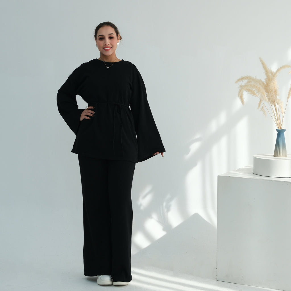 Middle Eastern-style Minimalist And Elegant Long-sleeve Wide-leg Pants Set