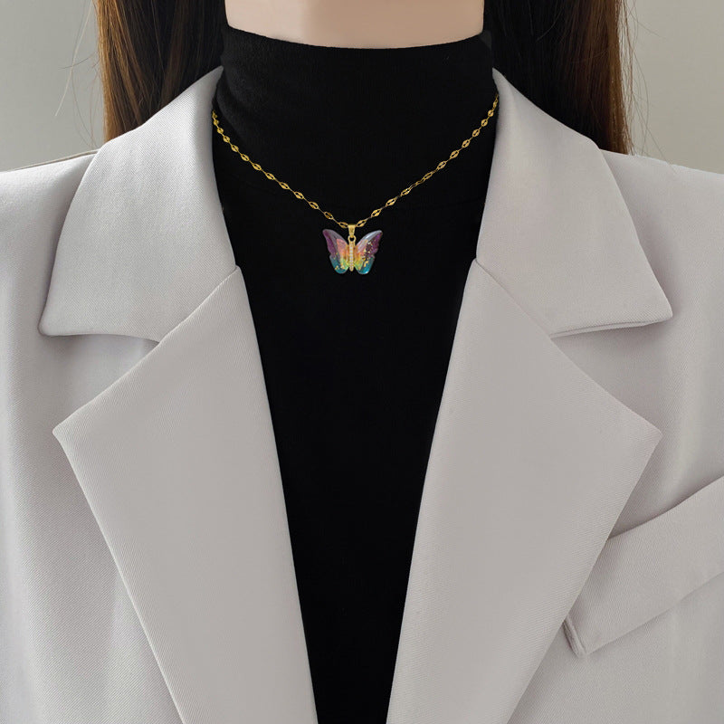 Titanium Steel Colorful Butterfly Full-Diamond Necklace