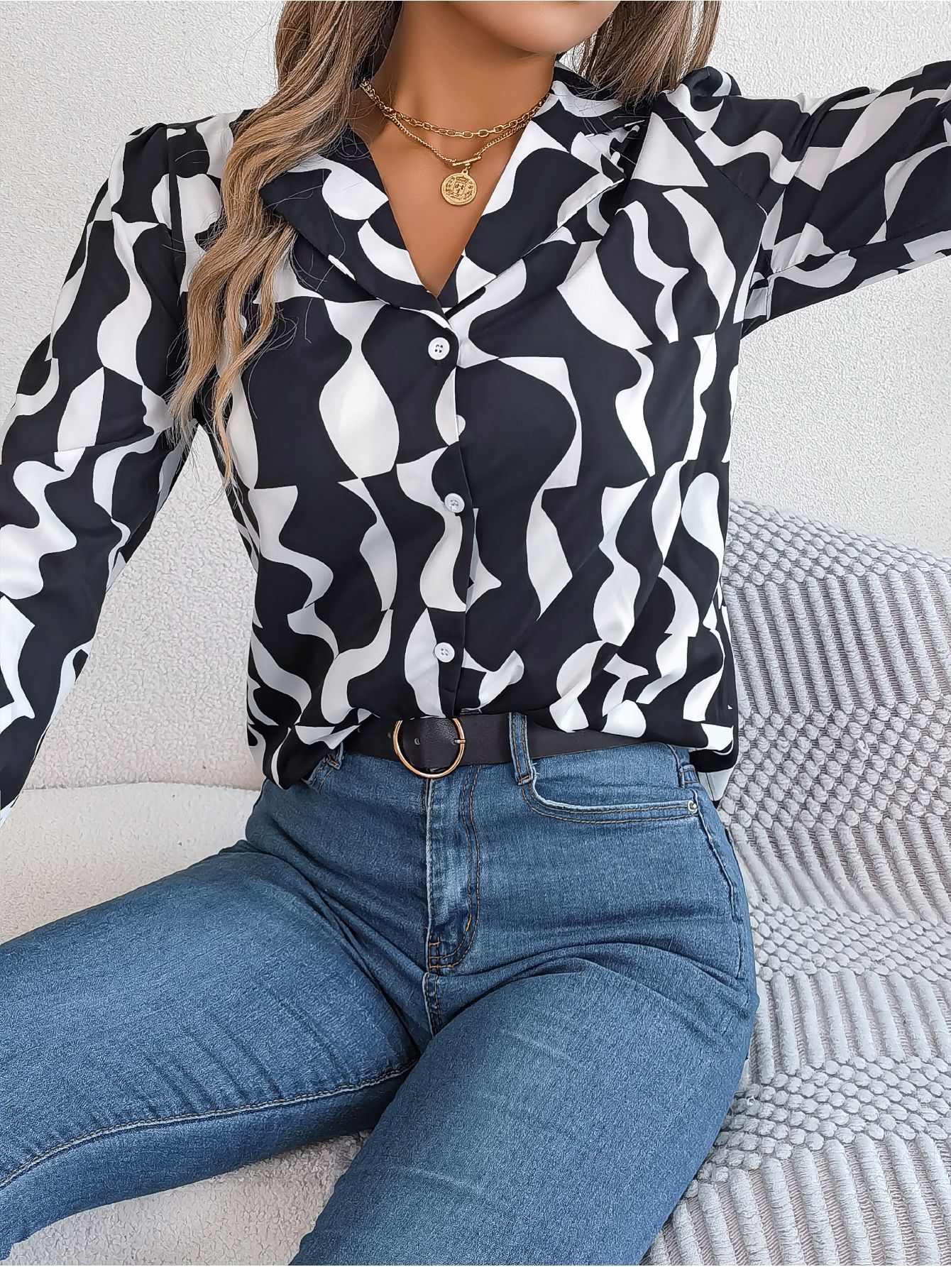 Women's Office Elegant Color Block Stripe Notched Lapel Long Sleeve Shirt