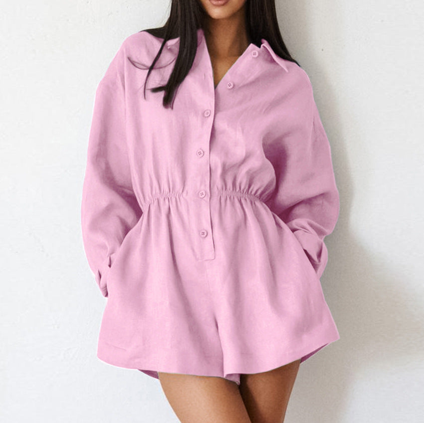 Versatile Solid-Color Casual Minimalist Lapel Jumpsuit