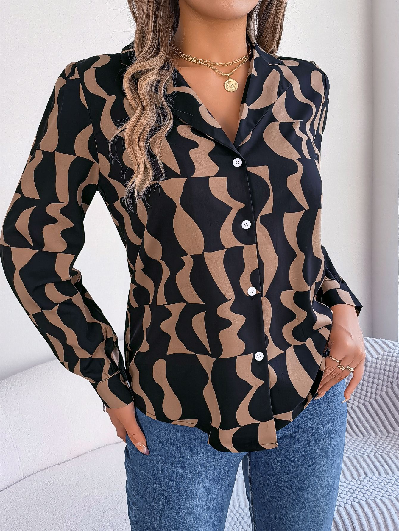Women's Office Elegant Color Block Stripe Notched Lapel Long Sleeve Shirt