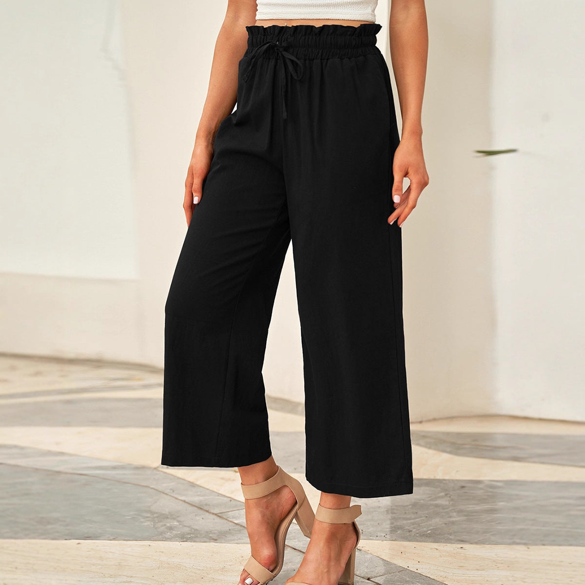 Drawstring Elastic Waist Casual Pants Womens Wide-leg Pants