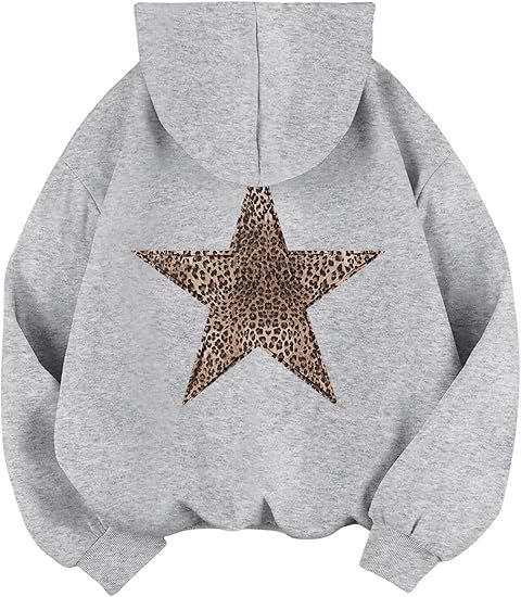 Womens Leopard-Print And Star-Print Hooded Casual Long-Sleeve Top