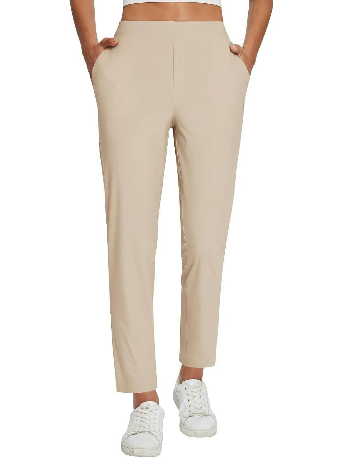 Womens High-Waist Casual Pants With Elastic Waistband Zippered Pockets